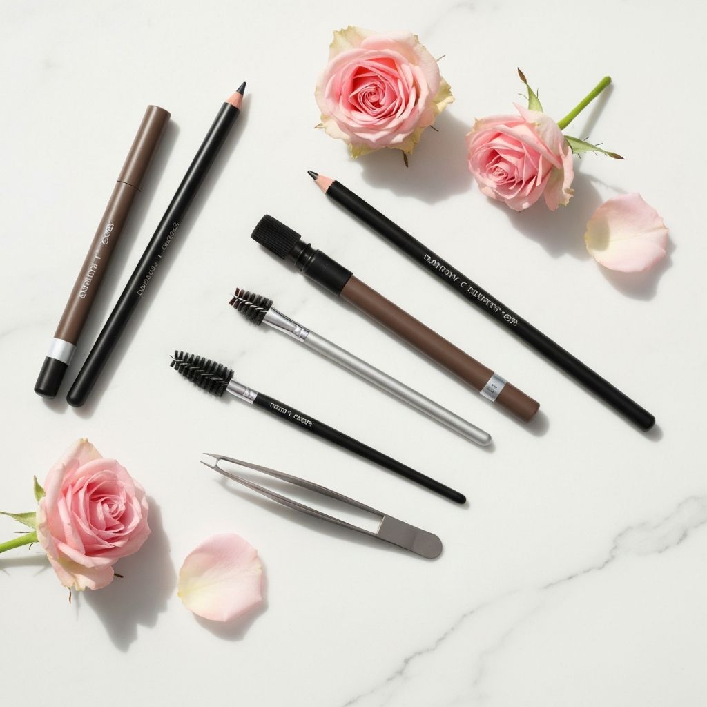 Eyebrow beauty tools and tinting products on a marble surface