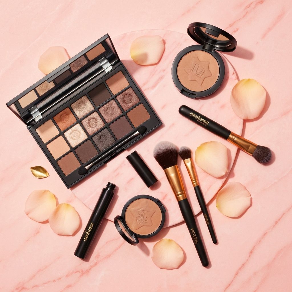 Luxury makeup products and brushes arranged on pink marble
